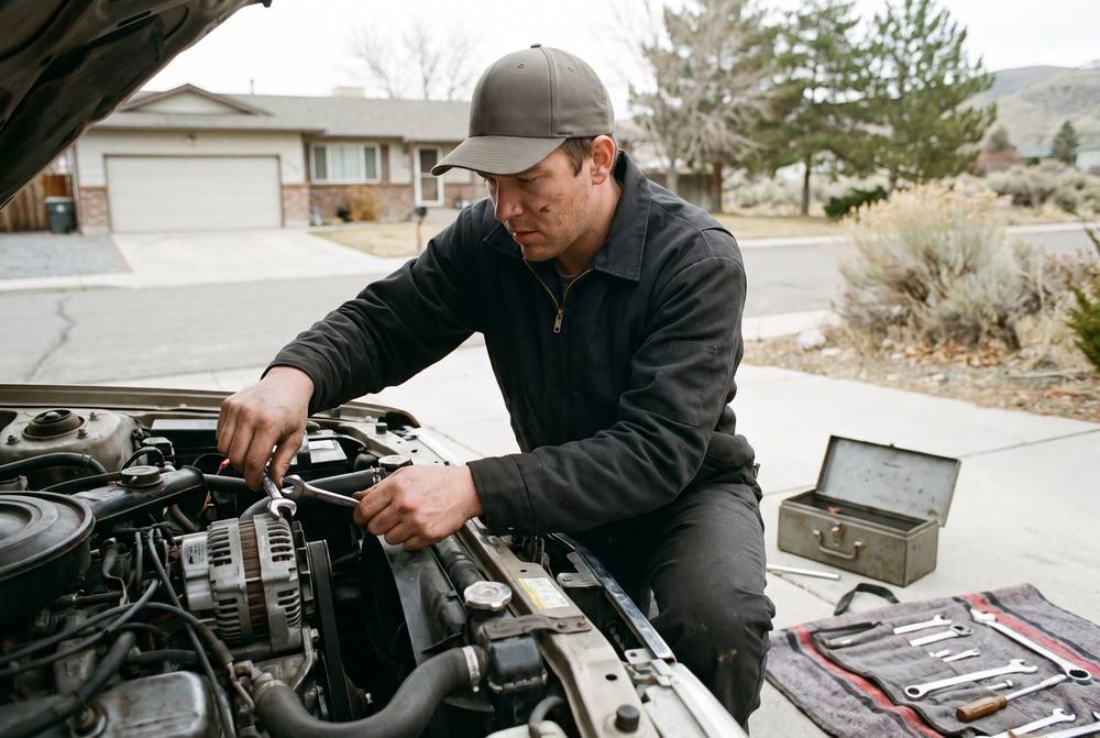 Licensed mobile mechanic performing a roadside vehicle repair in a Lemmon Valley, NV driveway