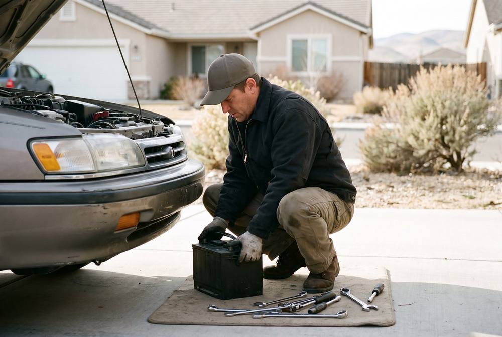 Independent mobile mechanic inspecting a car engine in a Sparks, Nevada driveway in cool autumn weather