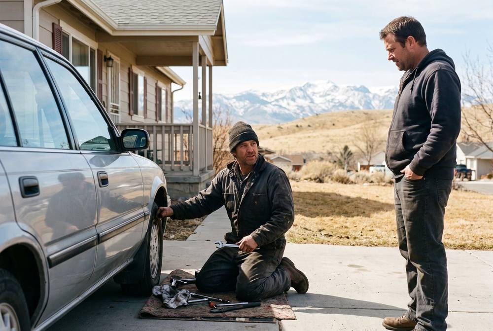 Mobile mechanic performing vehicle repair in a Damonte Ranch driveway