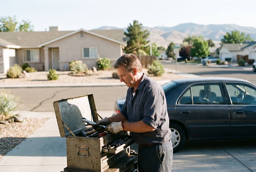Independent mobile mechanic performing a battery and cooling-system check on a car parked in a Fernley, NV driveway