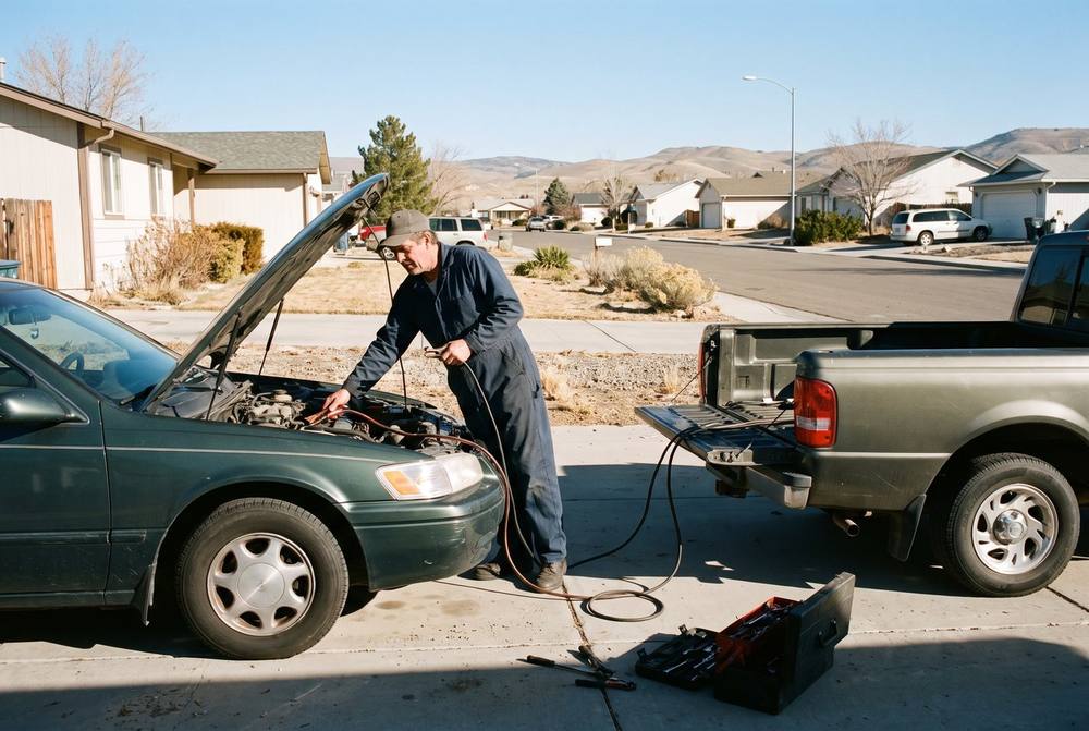 Mobile mechanic testing car battery in cold weather