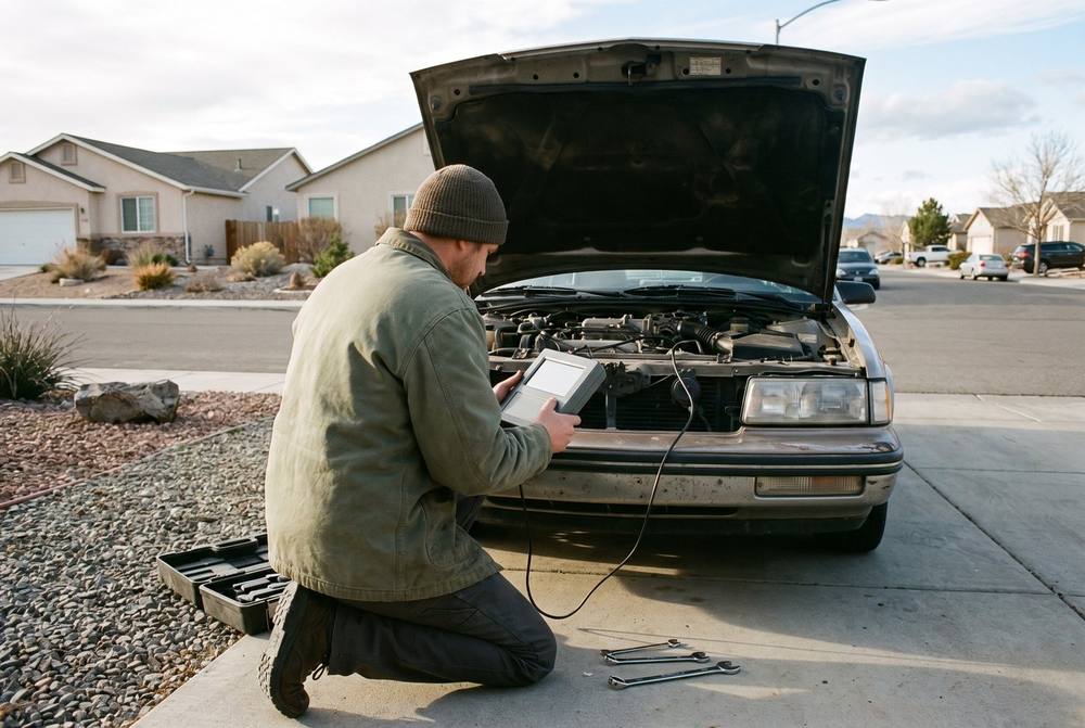 Independent certified mobile mechanic performing a repair on a car parked in a Sparks, Nevada driveway
